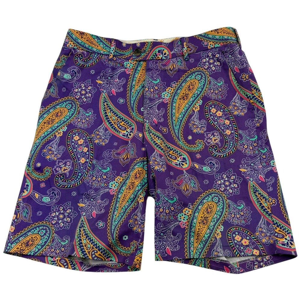 Loudmouth Purple Paisley Cotton Spandex Bermuda Shorts Flat Front Men's 34x10